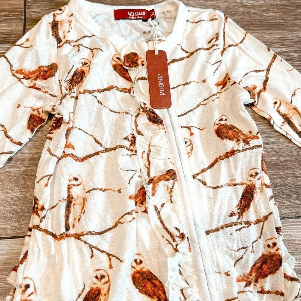 NWT! Milkbarn Owl Bamboo Ruffle Zipper Footed Romper Size 3-6M